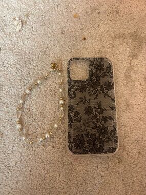 Black Lace Pattern Clear iPhone Case with Beaded Wrist Strap